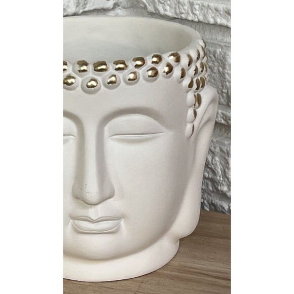 Buddha Head Face Concrete Planter Flower Pot White Gold Hobnail Textured Figural - Picture 13 of 14